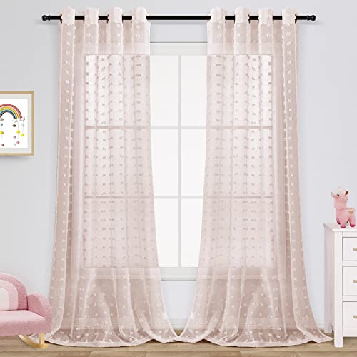 Joywell Gardinen Wohnzimmer Vorhänge Kinderzimmer Schlafzimmer Pompons in Leinen Optik Leinenstruktur Fertigstores Transparent Vorhang für große Fenster Doris Rosa 245x140 cm 2er Set von Joywell