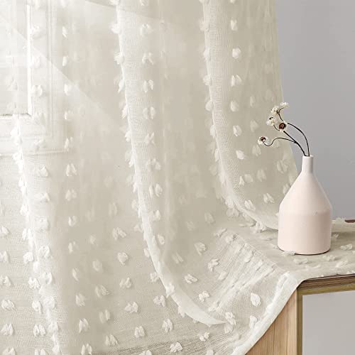 Joywell Gardinen Wohnzimmer Vorhänge Transparente Voile Sheer Vorhänge Mädchenzimmer Leinenstruktur mit Ösen Pompons Ösenschal Luftig Dekoschal für Natürlich 138x140 cm 2er Set von Joywell