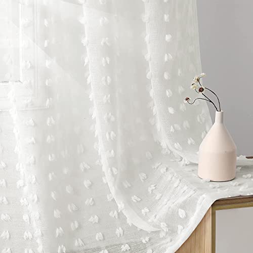 Joywell Gardinen Wohnzimmer Vorhänge Transparente Voile Sheer Vorhänge Mädchenzimmer Leinenstruktur mit Ösen Pompons Ösenschal Luftig Dekoschal für Schlafzimmer Kinderzimmer 138x140 cm 2er Set von Joywell