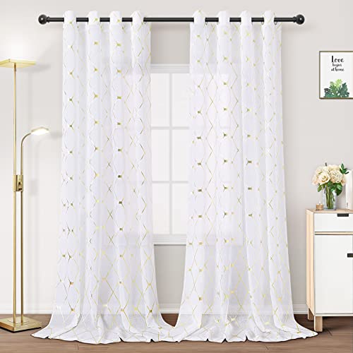 Joywell Gold Voile Vorhänge 2er Set-Strukturierte Weiße Vorhänge Gardinen Raute Transparente Privatsphäre Glitter, Dekorative Voile mit Ösen Vorhänge für Wohnzimmer Schlafzimmer 280x140 von Joywell