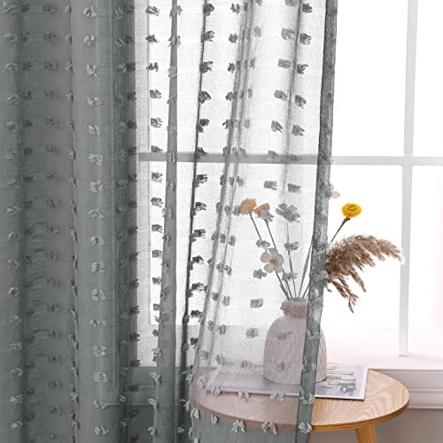 Joywell Grau Gardinen Wohnzimmer Vorhänge Transparente Voile Sheer Vorhänge Mädchenzimmer Leinenstruktur mit Ösen Pompons Ösenschal Luftig Dekoschal für Schlafzimmer Kinderzimmer 175x140 von Joywell