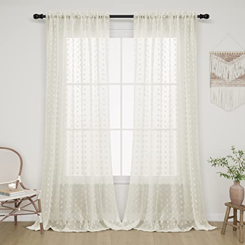 Joywell Natürlichn Durchsichtige Vorhänge Küche Badezimmer Pom Pom durchsichtige Vorhänge Gepunktete Textur Boho Semi Sheer Vorhänge Tülle 2er Set BxH 140x300 von Joywell