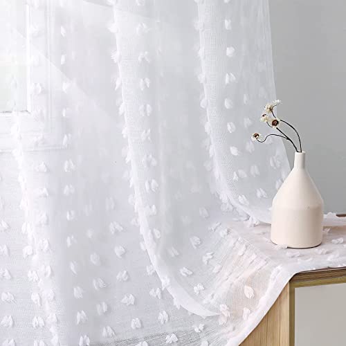 Joywell Weiß Gardinen Wohnzimmer Vorhänge Kinderzimmer Mädchen Schlafzimmer Pompons in Leinen Optik Leinenstruktur Fertigstores Transparent Boho Vorhang für Große Fenster Weiss 225x140 cm 2er Set von Joywell