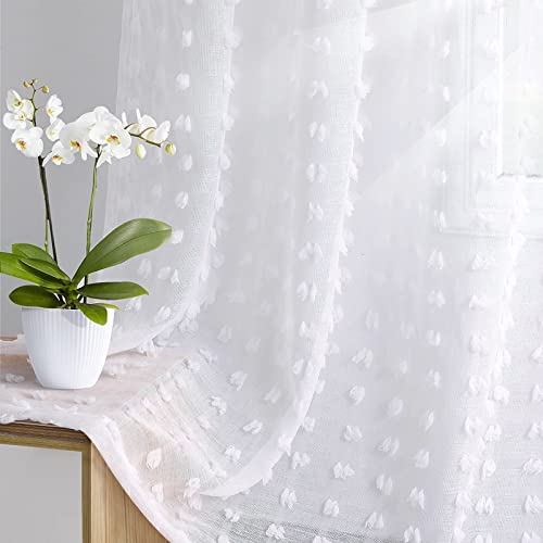 Joywell Weiß Vorhang Schlafzimmer Wohnzimmer Gardinen 225 cm Lang Durchsichtige Vorhänge Pompoms Vorhänge Gepunktete Textur Boho Semi Sheer Vorhänge Mädchen Kinderzimmer Tülle 2er Set BxH 140x225 von Joywell