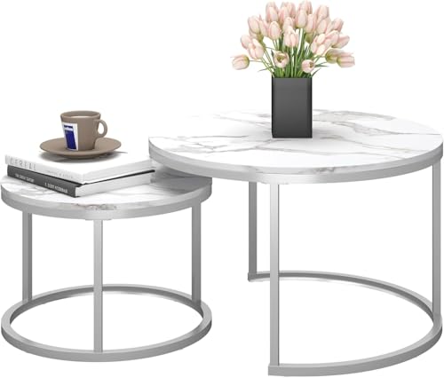 Couchtisch 2er Set, Moderne Couch Tisch mit Schwarz Metallgestell, Couchtisch Eiche, Couchtische Rund Weißer, Living Room Table, Kaffeetisch, Wohnzimmertisch Holz 70x70x45 & 50x50x38 cm von JoyyeSpace
