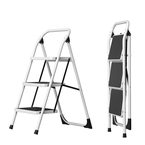 3 Stufen Leiter, Trittleiter mit Handläufen,Klappleiter Tritthocker, Klapptritt Hocker für Erwachsene mit Griff, Haushaltsleiter Anti-Rutsch-stabilem und breitem Pedal. (Weiß, 3 Stufen) von Joyyko