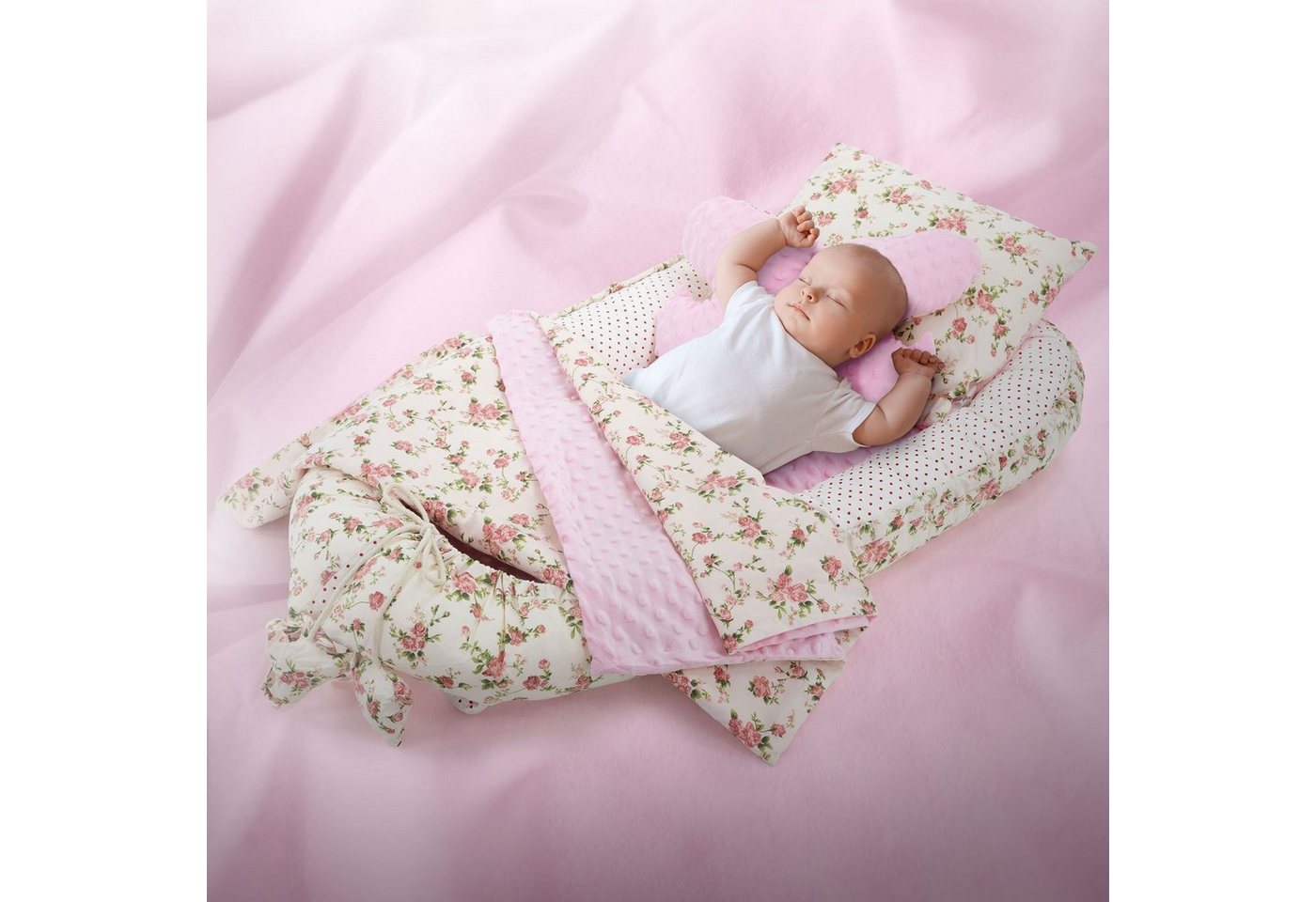 Joyz Babybett Baby Nestchen mit Muster aus Baumwolle waschbar bei 40 Grad, 5-tlg., Babynest 5 teilig Blumen mit Rosa Minky 90x50cm Baumwolle von Joyz