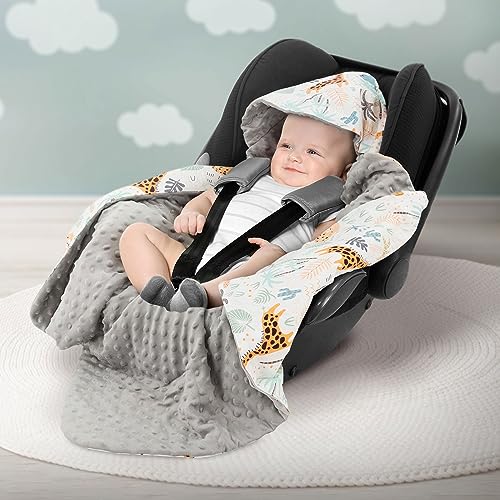 Joyz Einschlagdecke mit Kapuze, Safari mit grauem Minky, 100% Baumwolle, 84x84 cm, Doppelseitig, Universal für Babyschale, Autositz, Kinderwagen oder Buggy, Kuscheldecke Ganzjahresdecke Babydecke von Joyz