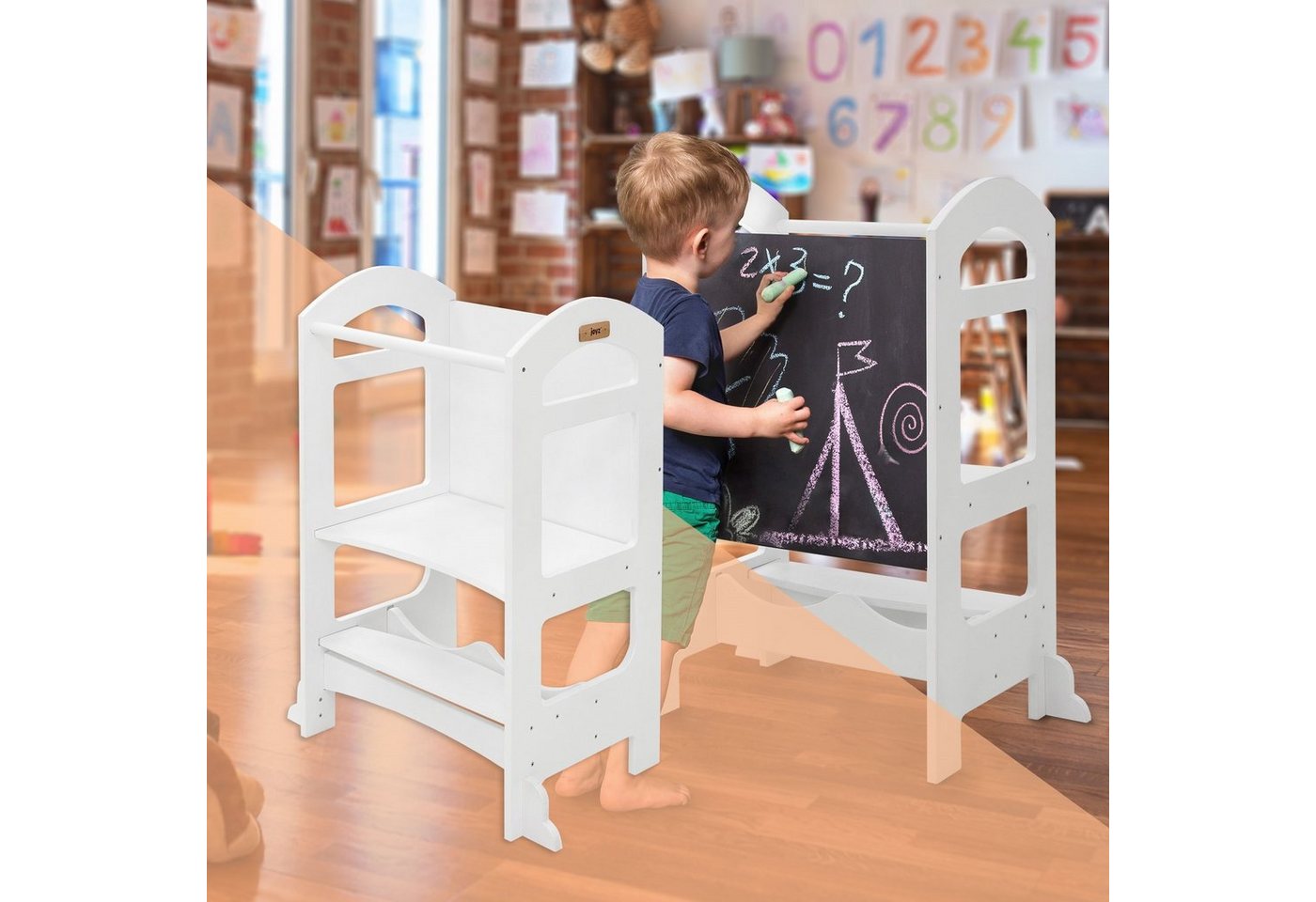 Joyz Kinderstuhl Montessori Lerntower für Kinder aus Holz Verwandelbar Kinderstuhl, Küchenhelfer Weiß mit Tafel und 2 Stufen 70cmx40cmx90cm von Joyz