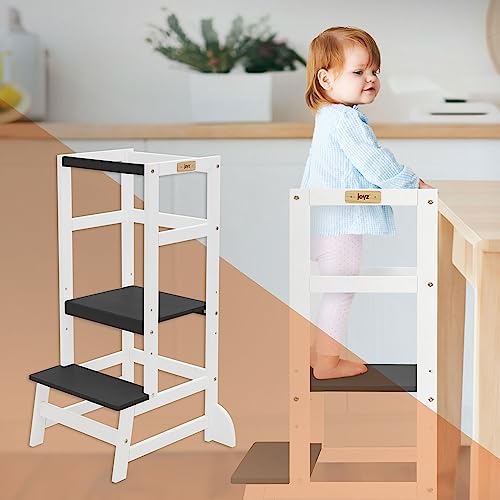 Joyz Lernturm für Kinder, Weiß-Schwarz, Lernstuhl ab 1 Jahr, Holz Kinderstuhl, Lerntower mit Schutzstab, Hochstuhl Schemel verstellbar, 2 Stufen Tritthocker, Montessori Küchenhelfer, Learning Tower von Joyz