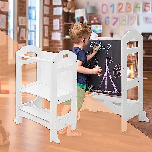 Joyz Lernturm für Kinder ab 1 Jahr 2in1, Montessori Lernturm mit Tafel, Weiß/Holz, Tritthocker Verwandelbar in Kindertisch und -Stuhl, Lernstuhl Hochstuhl Schemel Küchenhelfer Lerntower Learning Tower von Joyz