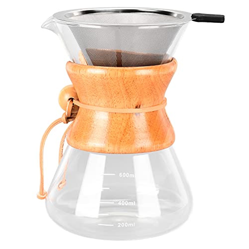 Joyzan Pour Over Kaffeemaschine mit Permanentfilter, Karaffe aus Borosilikatglas mit Holzschutzhülle und Edelstahlsieb manueller Kaffeetropfer Brüher Transparent(600ml/20.3oz) von Joyzan