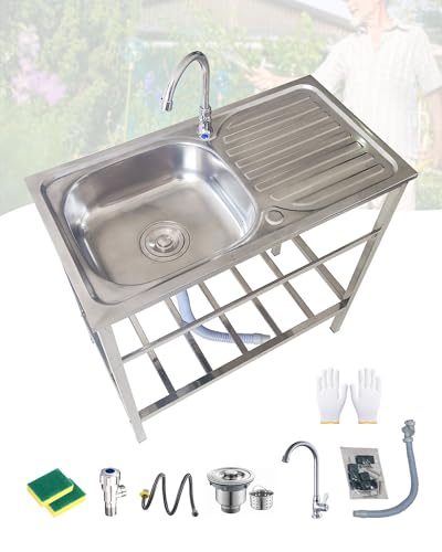 Edelstahl Spültisch Waschbecken Freistehend Küchenspüle Außenbereich Spülbecken mit Wasserhahn Werkbank Und Lagerregalen 75x40xH75cm für Wäschere/Werkstatt Kommerziell Spüle Leicht zu Reinigen von Jpquantrics
