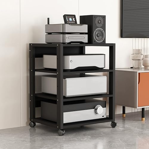 HiFi Regal Audio Rack Schrank 3/4/5/6/7 Ebenen AV-Medienständer offener CD-Player-Ständer Plattenspieler Tisch mit verstellbaren Ablage Und 360° Rollen for Spielkonsolen Platten – Schwarz(4 Layers) von Jpquantrics