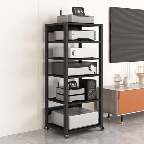 HiFi Regal Audio Rack Schrank 3/4/5/6/7 Ebenen AV-Medienständer offener CD-Player-Ständer Plattenspieler Tisch mit verstellbaren Ablage Und 360° Rollen for Spielkonsolen Platten – Schwarz(6 Layers) von Jpquantrics