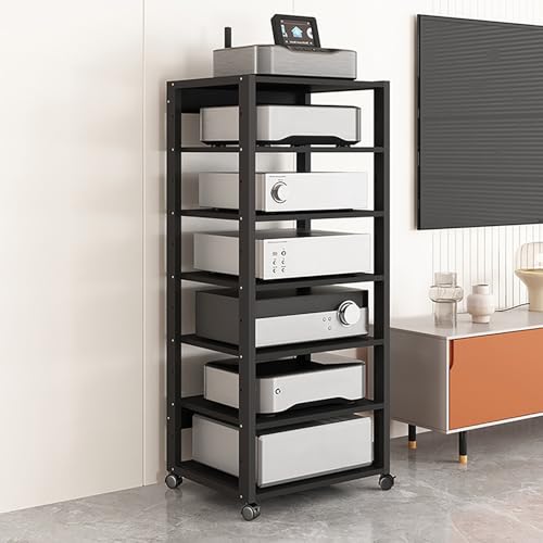 HiFi Regal Audio Rack Schrank 3/4/5/6/7 Ebenen AV-Medienständer offener CD-Player-Ständer Plattenspieler Tisch mit verstellbaren Ablage Und 360° Rollen for Spielkonsolen Platten – Schwarz(7 Layers) von Jpquantrics