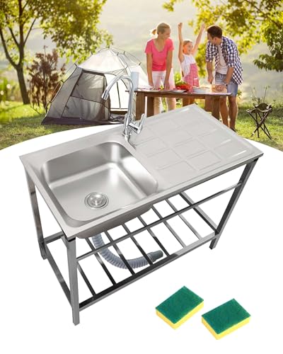 Jpquantrics Edelstahl Waschbecken Werkstatt Spülbecken Freistehende Küchenspüle Gewerbliche Spüle mit Wasserhahn und Abtropffläche, Einfach Zu Montieren, für Waschküche/Badezimmer/Garten(75x40xH75cm) von Jpquantrics
