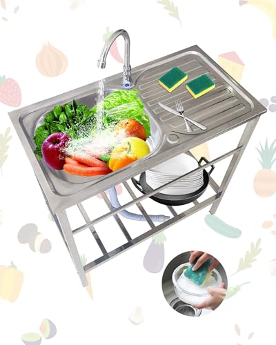 Freistehende Edelstahl-Waschbecken Mit Wasserhahn Spülbecken Edelstahl Küche Outdoor Spüle 75x40xH75cm Mobiles Waschtrog Robust und Stabil Waschtisch Für Terrassen Arbeitsräume Grillplatz von Jpquantrics