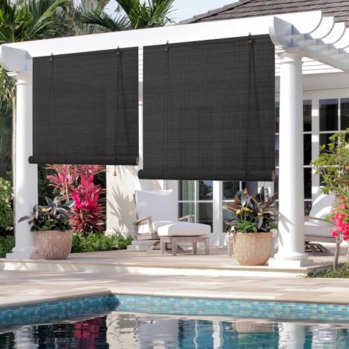 Schwarz Bambusrollo Outdoor 80% Blackout Bambus Jalousie Holzrollo Natur Sichtschutz Sonnenschutz Rollo Bambus Raffrollo 50 60 80 90 100 110 120 130 140 150 160cm Breit für Balkon Küche(W110xH160cm) von Jpquantrics