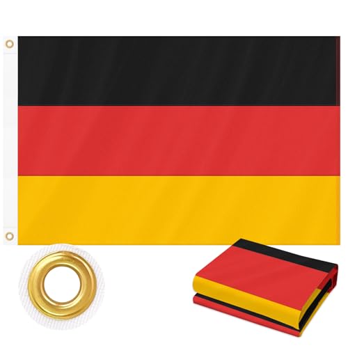 Deutschlandflagge 90 x 150 cm für Außenbereich, Beidseitig Sichtbar, Robuster 210D Oxford-Stoff | 4-fach Genähte Flatterkante, Nationalflagge mit 2 Messingösen für Wand, Innen- & Außendekoration Deutschlandflagge 90 x 150 cm für Außenbereich, Beidseitig Sichtbar, Robuster 210D Oxford-Stoff | 4-fach Genähte Flatterkante, Nationalflagge mit 2 Messingösen für Wand, Innen- & Außendekoration von Jremreo