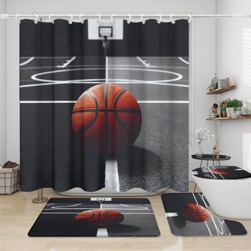 Abstraktes Basketball-Duschvorhang-Set für Jungen, modernes Sportthema, Basketballplatz-Druck, rutschfeste Teppiche, WC-Deckelbezug und Badematte, langlebig und wasserdicht, für Badezimmer-Dekor-Set Abstraktes Basketball-Duschvorhang-Set für Jungen, modernes Sportthema, Basketballplatz-Druck, rutschfeste Teppiche, WC-Deckelbezug und Badematte, langlebig und wasserdicht, für Badezimmer-Dekor-Set von JretailAx