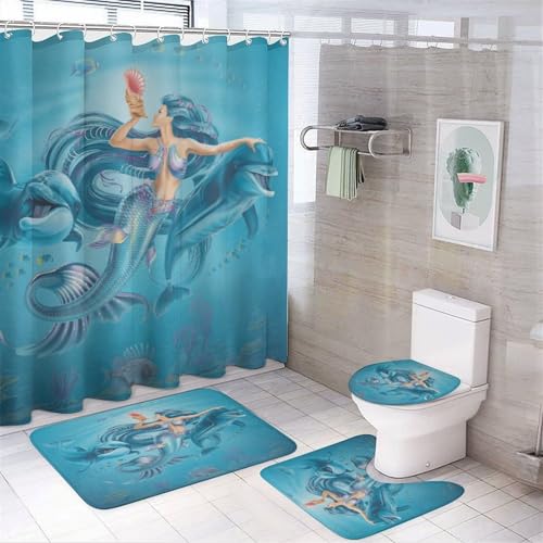 Duschvorhang-Set im Vintage-Stil, nautische Meerjungfrau, 4-teilig, rustikaler Cartoon-Ozean, Unterwasser, Meerjungfrau, Delfin, rutschfeste Teppiche, WC-Deckelbezug und Badematte, langlebig und Duschvorhang-Set im Vintage-Stil, nautische Meerjungfrau, 4-teilig, rustikaler Cartoon-Ozean, Unterwasser, Meerjungfrau, Delfin, rutschfeste Teppiche, WC-Deckelbezug und Badematte, langlebig und von JretailAx