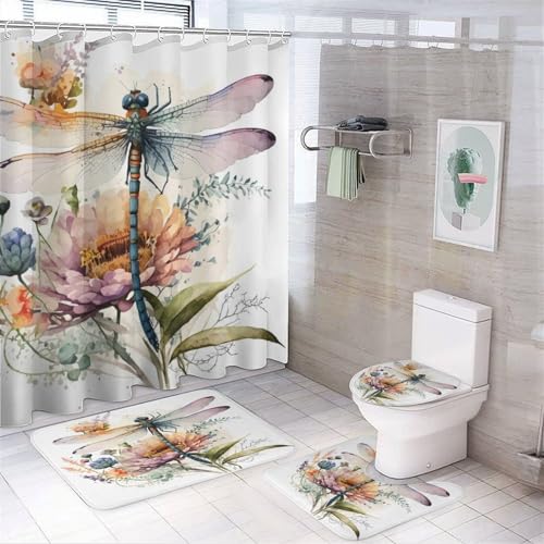 Duschvorhang-Set mit Libellen-Motiv, rustikales Bauernhaus-Motiv, Motiv: Libelle, Blumenmuster, rutschfest, WC-Deckelbezug und Badematte, langlebig und wasserdicht, für Badezimmer-Dekoration, 4-teilig Duschvorhang-Set mit Libellen-Motiv, rustikales Bauernhaus-Motiv, Motiv: Libelle, Blumenmuster, rutschfest, WC-Deckelbezug und Badematte, langlebig und wasserdicht, für Badezimmer-Dekoration, 4-teilig von JretailAx