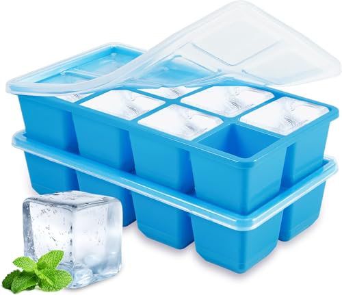 Eiswürfelform mit Deckel 4,5 CM Größe, JRISBO 2 Pack BPA-Frei Silikon Eiswürfelbehälter XL Groß Würfel Eisformen, Flexibler Boden Grosse Eiswürfelformen für Cocktail Whiskey Kaffee von Jrisbo