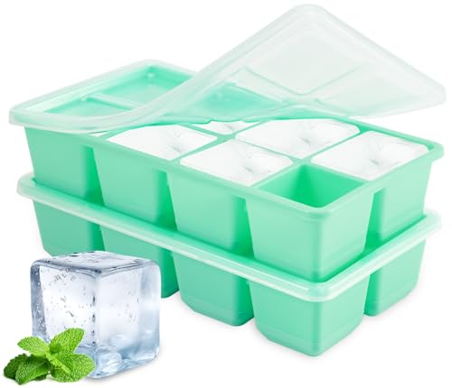 Eiswürfelform mit Deckel 4,5 CM Größe, JRISBO 2 Pack BPA-Frei Silikon Eiswürfelbehälter XL Groß Würfel Eisformen, Flexibler Boden Grosse Eiswürfelformen für Cocktail Whiskey Kaffee von Jrisbo