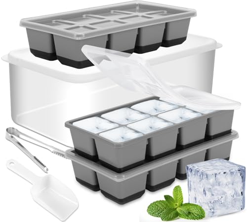 Grosse Eiswürfelform mit Deckel und Behälter, JRISBO 3 Stück Silikon Eiswürfelformen Groß Sichere & BPA Frei, 4,5 cm Große Eiswürfelbehälter Bausatz XXL Eckig Eiswürfelschalen von Jrisbo