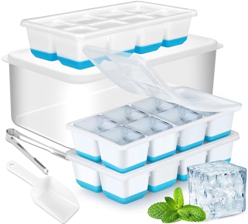Grosse Eiswürfelform mit Deckel und Behälter, JRISBO 3 Stück Silikon Eiswürfelformen Groß Sichere & BPA Frei, 4,5 cm Große Eiswürfelbehälter Bausatz XXL Eckig Eiswürfelschalen von Jrisbo