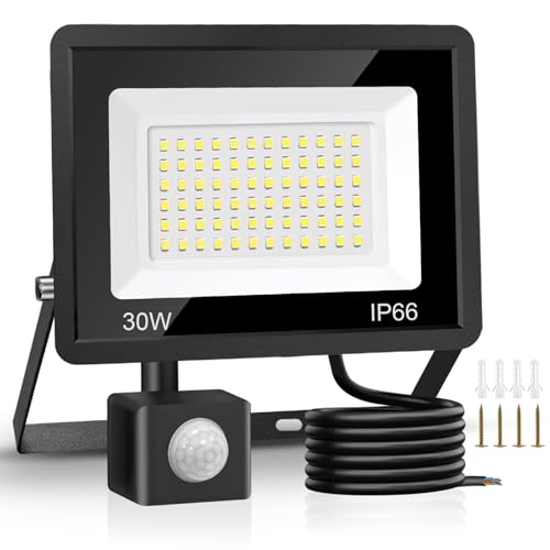 Jsdoin 50W LED Strahler mit Bewegungsmelder 4500LM Außenstrahler 6500K Kaltweiß Superhell Scheinwerfer Flutlicht IP65 Wasserdicht Wandleuchte Aussen Tageslicht Wandleuchte mit 2m Kabel (30W) von Jsdoin