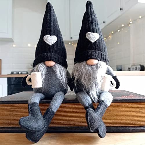 2 Stück Kaffeezwerge Plüsch-Bar-Dekoration, handgefertigt, schwedische Tomte-Zwerge, Geschenke, Bauernhaus, skandinavische Figur, Gnome für Zuhause, Küche, Kaffeestation, Tisch (Schwarz) von JstDoit