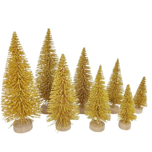 8 Stück Künstliche Mini-Weihnachtsbäume, Miniatur-Kiefern Sisal Bäume mit Holzsockel Tischplatte Weihnachtsbaum für Weihnachten Weihnachten Urlaub Neujahr (Gold, 8 Stück) von JstDoit