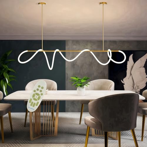 Jsz Pendelleuchte Esstisch, LED Dimmbar Hängelampe Esszimmer 3000K-6500K, Linear DIY Hängeleuchte mit Fernbedienung, 31W Esszimmerlampe Hängend Höhenverstellbar Esstischlampe (Gold, 150CM) von Jsz