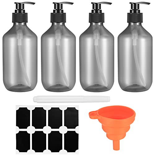 4 Stück Nachfüllbare Leere Shampoo Flaschen, 300 ml Seifenspender Flaschen, Lotionspumpe Spenderflaschen für Küche Badezimmer Lotionen Shampoo, mit Etikett, Stift, Trichter (Transparent schwarz) von Jttxiu