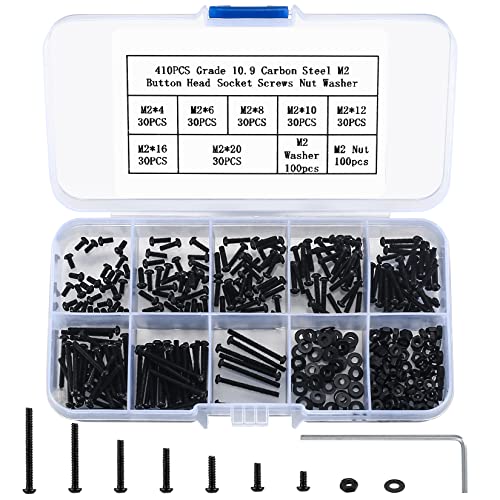 410 Stück M2 Senkkopf-Innensechskantschrauben, 10,9-Kohlenstoffstahl Vollgewinde-Maschinenschrauben, Muttern und Unterlegscheiben Sortiment mit Inbusschlüsseln von Jttxiu