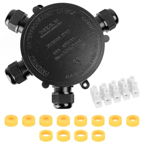 Abzweigdose Wasserdicht IP68, Verteilerdose Außen Wasserdichte Kabelverbinder, 4 Wege Rund Elektrische Verteilerbox für Garten Erdkabel 5-15 mm², mit Klemmen und Verbinder, Schwarz von Jttxiu