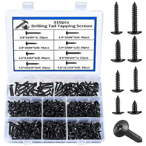 Jttxiu 310 STK Blechschrauben, M3,9 M4,8 Bohrschrauben Selbstschneidend, Flachkopf Karosserieschrauben mit Scheibe Torx, Holzschrauben Sortiment Set, Torxkopf Trockenbau Möbel Schrauben (schwarz) von Jttxiu