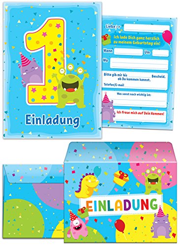 12 Einladungskarten zum 1. Kindergeburtstag Jungen Mädchen lustige Monster coole Einladungen zum ersten Geburtstag incl. 12 Umschläge von JuNa-Experten