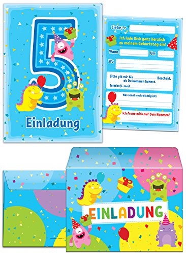 12 Einladungskarten incl. 12 Umschläge zum 5. Kindergeburtstag Junge Mädchen coole bunte Einladungen zum fünften Geburtstag von JuNa-Experten