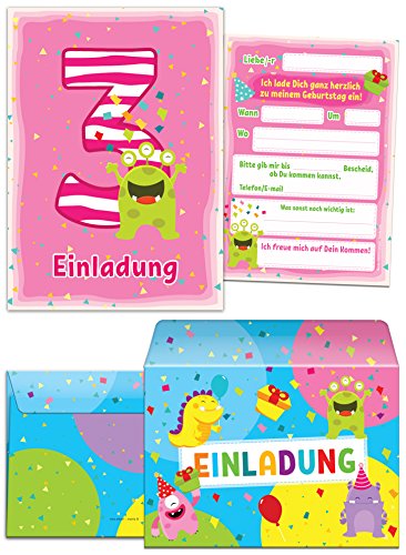 JuNa-Experten 12 Einladungskarten zum 3. Kindergeburtstag Mädchen incl. 12 Umschläge/schöne Einladungen zum ditten Geburtstag lustige Monster von JuNa-Experten