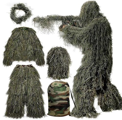 JuanNest 5-In-1 Ghillie Anzug Outdoor Camo Spiel Anzug Camouflage Jagd Uniform Armee Kampf Kleidung 3D Atmungsaktiver Dschungel Anzug Für Jagd Schießen Wildlife Fotografie Halloween A,H 170-180CM von JuanNest