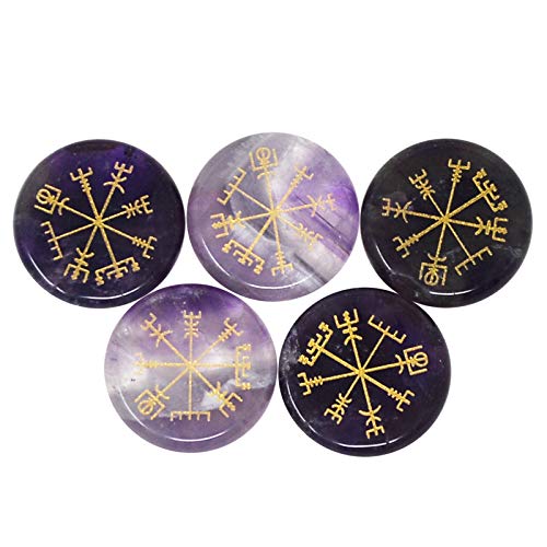 Juanxian 5 Stück Vegvisir Lila und Schwarz Heilkristall Achat Steine - Graviertes altnordisches Vegvisir Kompass Symbol W4299 von Juanxian
