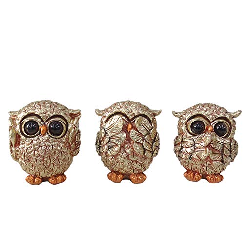 Juanxian W4398 Eulenfiguren, Dekoration, "See No Evil Speak No Evil", Mini-Eulenstatue, handgefertigte Tierskulptur, Ornament für Zuhause, Büro, Tischplatte, goldfarben, 3 Stück von Juanxian
