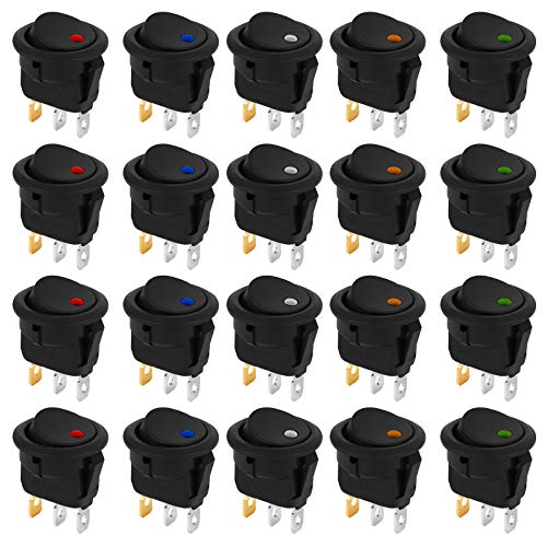 Jubaopen 20 Stück Kippschalter Beleuchtet 12V DC 20A Rund Schalter Wechsel Switch Wippschalter Button Mini Schalter EIN/AUS Schalter mit 5 Farben LED Licht für Auto Boot LKW KFZ Schalter von Jubaopen