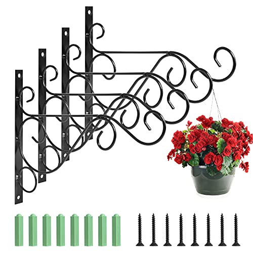 Jubaopen 4 Stück Blumenampelhalter Wandhalterung Eisen Wandhalter Haken mit 8 Schrauben Eisen Wandhalter Haken Gartenkörbe Hängende Pflanzgefäße Laterne Windspiele (Schwarz) von Jubaopen