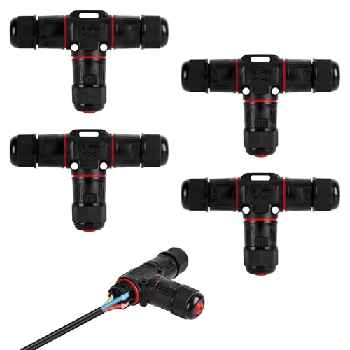 Jubaopen 4 Stück Kabelverbinder Wasserdicht IP68, Kabelmuffe Wasserdicht 3 polig, T-Form Verteilerdose, Erdkabel Verbinder Wasserdicht für Ø3-12 mm Kabeldurchmesser von Jubaopen