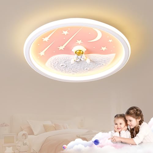 JubelTage LED Kinder Deckenleuchte,Astronaut Mond Kreative Deckenleuchte,dimmbar mit Fernbedienung,NachtlichtFunktion Kinderzimmer Kindergarten Schlafzimmer Wohnzimmer Cartoon Deckenleuchte 50cm Rosa von JubelTage