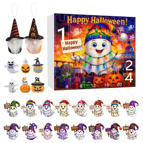 Jubepk Halloween Advent 24 Boxen Geist Thema | Halloween Kalender 2025, 2D Acryl Ornament Urlaub Dekoration für Jungen Mädchen Erwachsene Baumparty von Jubepk